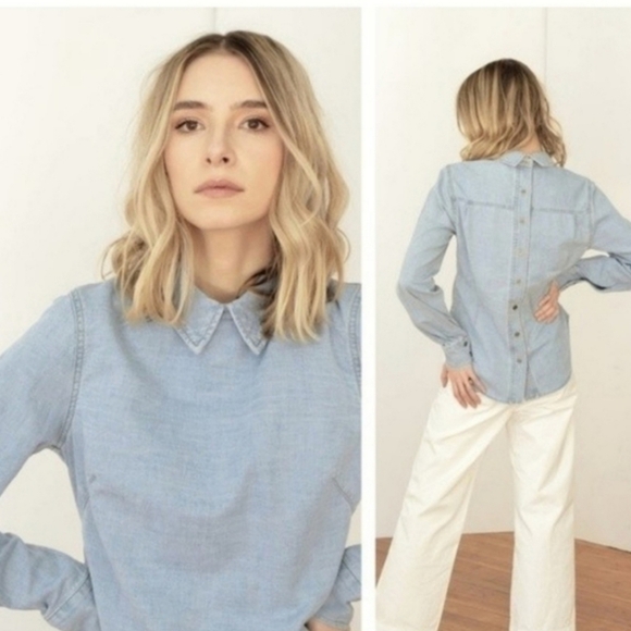 RACHEL COMEY Account Top in Baby Blue Reverse Button Down Blouse Double Collar 6 - Picture 1 of 7